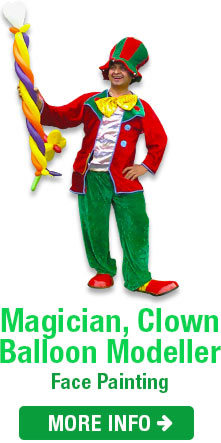 Clown magician entertainer with balloon in hand